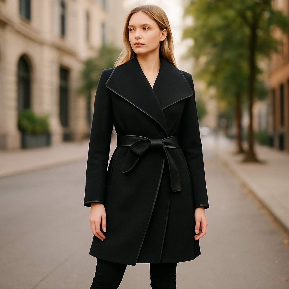 DKNY Black Wrap Belted Wool-Blend Peacoat